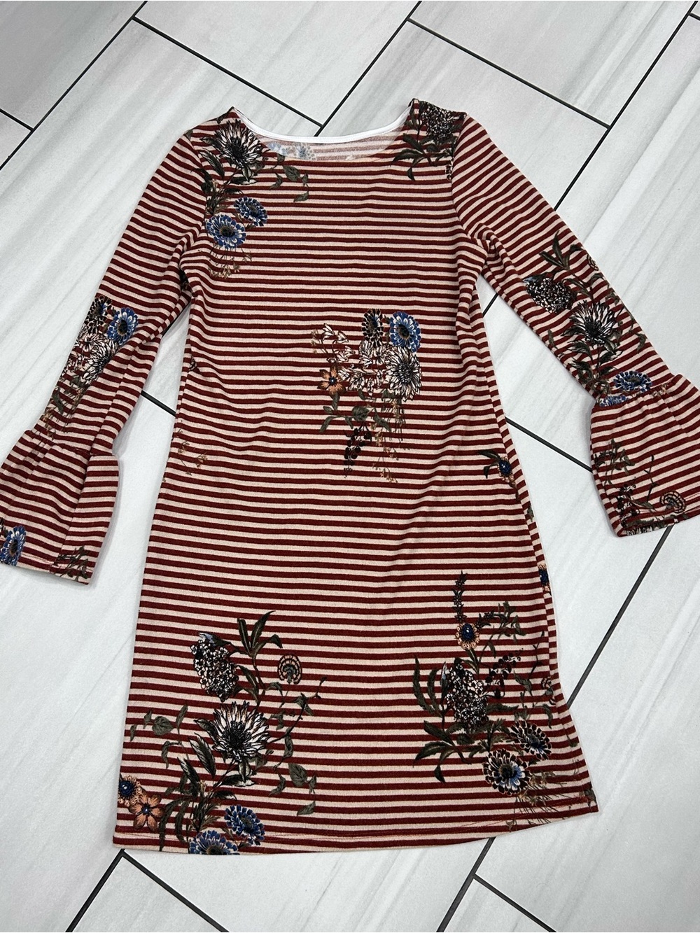 Crece Ruffle 3/4 Sleeve Dress Striped With Floral Size S Boho